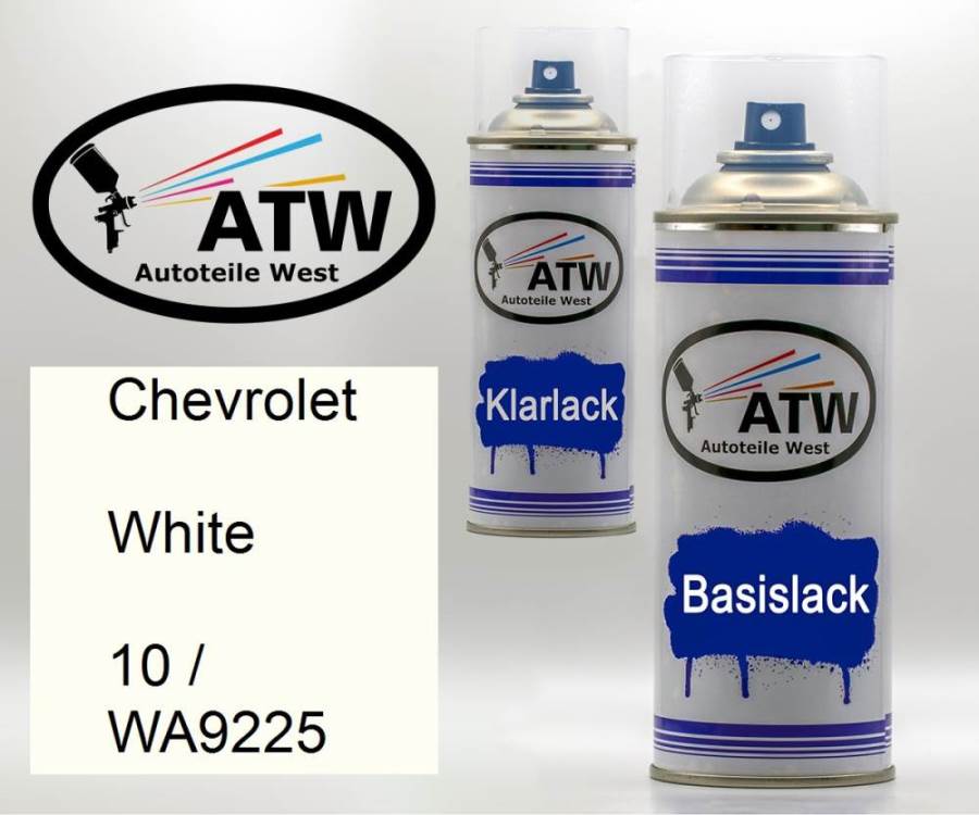 Chevrolet, White, 10 / WA9225: 400ml Sprühdose + 400ml Klarlack - Set, von ATW Autoteile West.